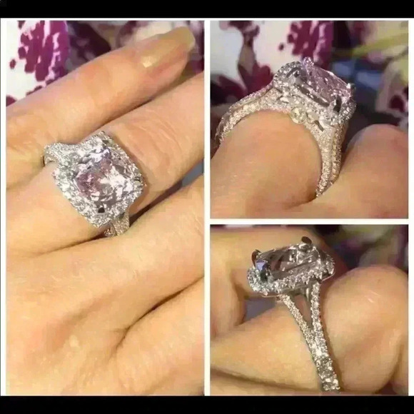 5 ct Pink Topaz Diamond Halo Ring - Picture 3 of 4